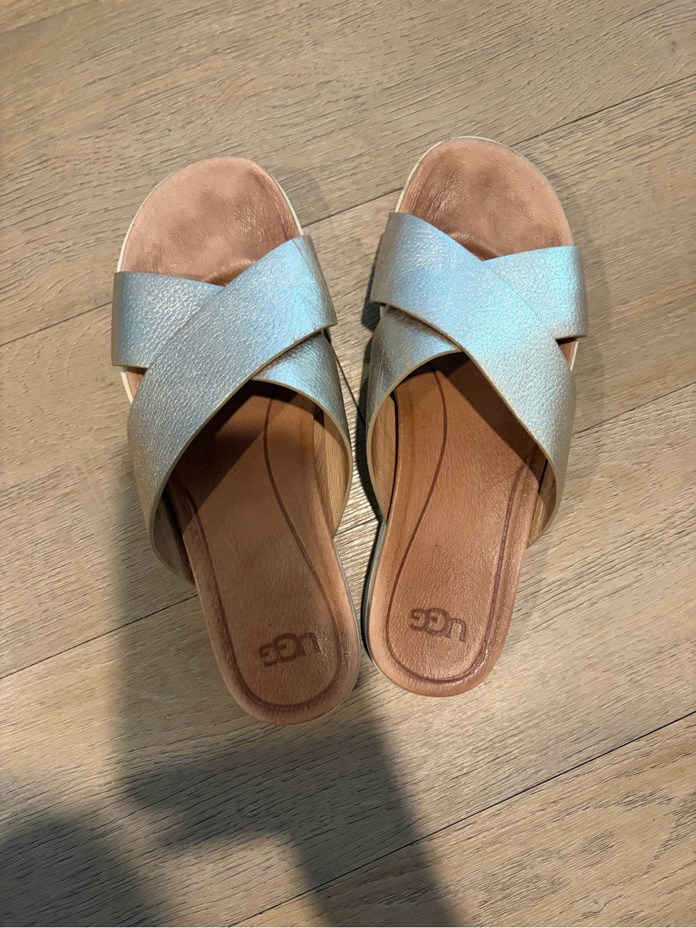 UGG Women's Metallic Silver Crossover Slide Sandals
